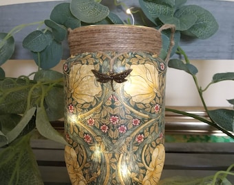 William Morris Pimpernel decoupaged Light Jar. Light up Lantern. Art Nouveau, Arts and Crafts style. Perfect gift for William Morris fans