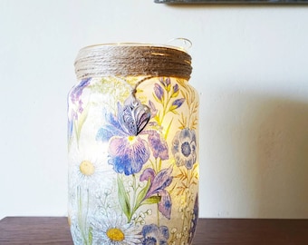 Iris and Daisy Firefly Light Jar. Beautiful blue Iris and Daisy decoupaged recycled jar. Blue Iris flowers, Gift for all occasions