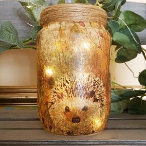 Hedgehog Light Jar/Lantern Decoupaged recycled glass jar