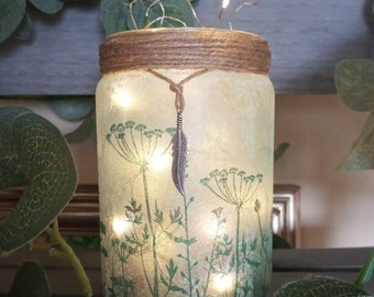 Summer Meadow firefly Light Jar decoupage, lantern, wedding, birthday, Christmas, dragonfly, mother's day, night light,gift for any occasion