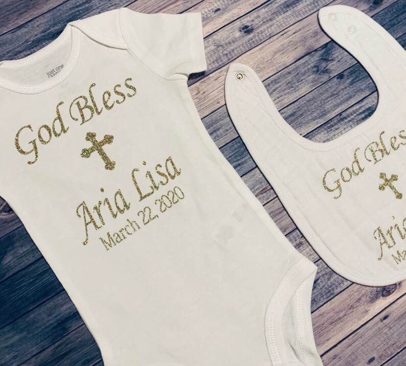 Personalized Christening god bless glitter glitter Baptism bodysuit God Bless Baby Christening Christening bodysuit cross bodysuit