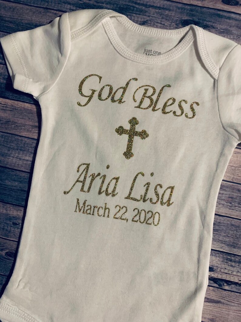 Personalized Christening god bless glitter glitter Baptism bodysuit God Bless Baby Christening Christening bodysuit cross bodysuit