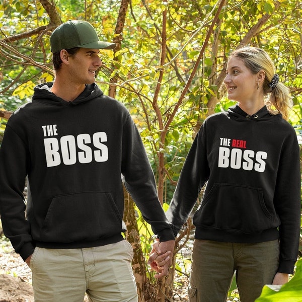 Set di felpe con cappuccio Look Pair Partner, The Boss e The Real Boss Couple Sweater Set, Regalo di San Valentino, Idea regalo Fidanzata e Fidanzato