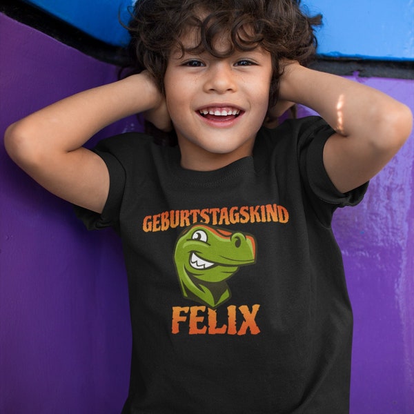 Geburtstag Shirt Für Kinder Mit Wunschnamen - Geburtstagskind Mit Eigenem Namen - Personalisiertes Geburtstag T-Shirt Mit Dinosaurier