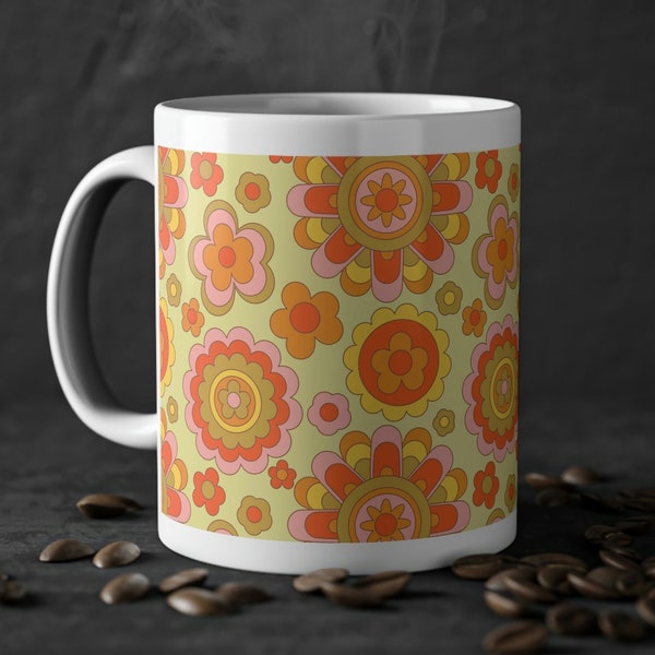 Retro Blumen Tasse Weiß - Pflanzen Kaffeetasse - 70er Jahre Kaffeebecher - Geschenk Für Sie - Geschenk Idee - Oldschool Becher - Blumen De