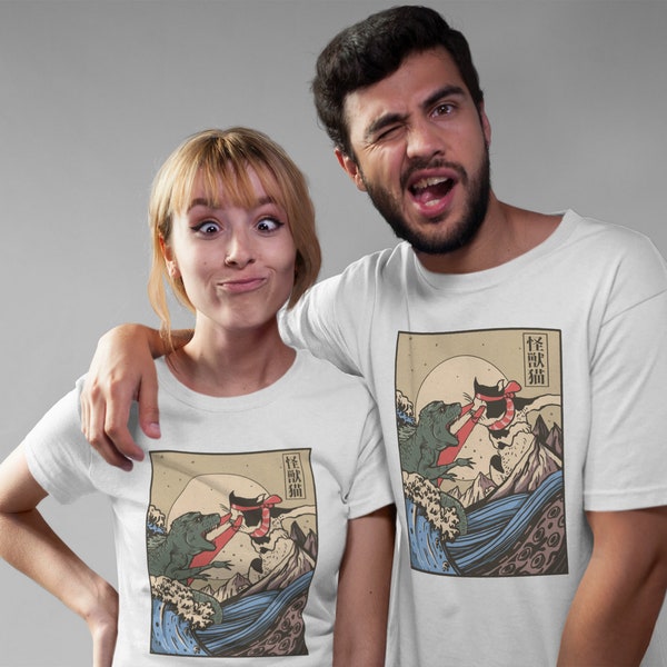 Anime Shirt Für Damen Und Herren - Japan Kaiju Vs Katze Anime Merch - Manga Deko - Otaku Tshirt - Otaku Shirt - Anime Geschenk