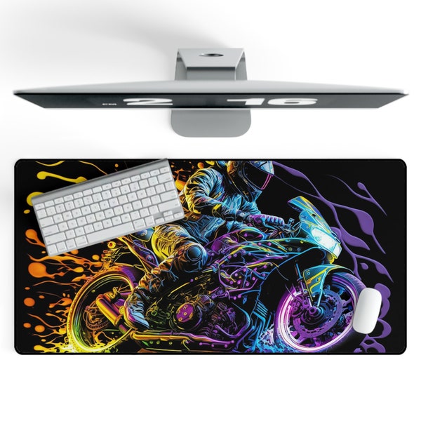 Gaming Mauspad XXL Neon Motorrad - 800 x 400 mm - Schreibtischunterlage Groß Rutschfest Und Wasserdicht - Gamer Mousepad