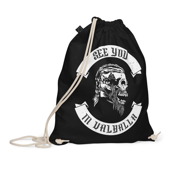 Wikinger Turnbeutel Aus Baumwolle In Schwarz - See You In Valhalla Totenkopf Valknut Stoffbeutel - Viking Tasche - Wikinger Deko