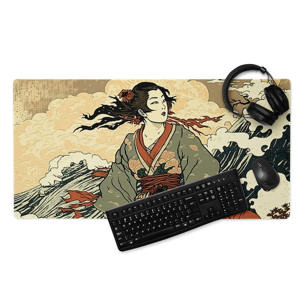 Gaming Mauspad XXL Japan Kunst Schreibtischunterlage Groß Vernähte Ränder Rutschfest Wasserdicht Gamer Mouse Pad Geschenk Idee PC Zubehör