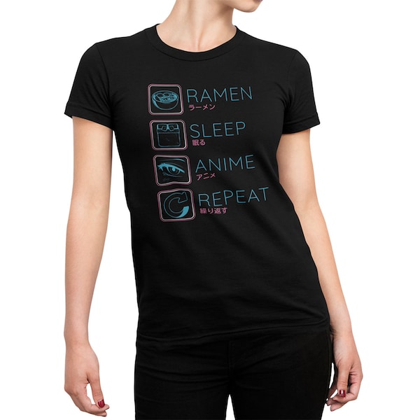 Anime Shirt Damen Schwarz - Ramen Sleep Anime Repeat Merch - Manga Deko - Otaku Tshirt - Otaku Shirt - Anime Geschenk - Kawaii Shirt