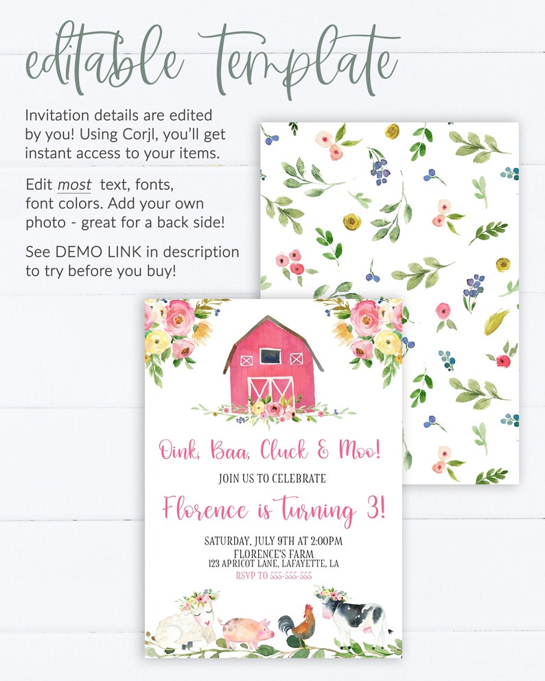 Farm Invitation Girl Farm Birthday Invitation Printable | Etsy