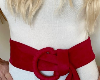 70s cherry red faux suede wide buckle belt