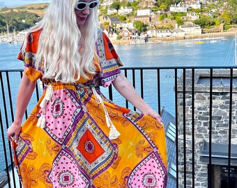 Moroccan 70s patchwork floral print boho oriental orange midi dress