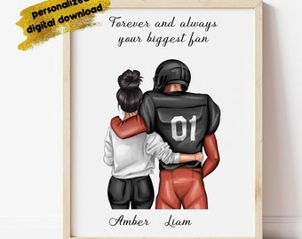 May include: A digital illustration of a couple, a woman with long black hair and a man wearing a football uniform, standing back to back with their arms around each other. The text "Forever and always your biggest fan" is above the couple, and the names "Amber" and "Liam" are below them.