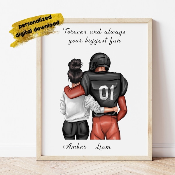 Personalised Couple print, American Football gift, Football mom, Couple portrait, Girlfriend gift, Your bigest fan, American Football fan