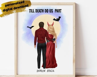 Cadeau de couple d’Halloween, Jusqu’à ce que la mort nous sépare, Fiançailles d’Halloween, Cadeau de famille d’Halloween, Portrait de couples d’Halloween, Gif de mariage d’Halloween