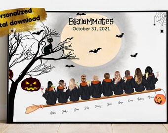 Spersonalizowany prezent dla najlepszej przyjaciółki na Halloween, Spersonalizowany portret czarownicy, Dekoracja dla czarodzieja na Halloween, Prezent na Halloween dla niej, Pomysł na prezent na Halloween, Broomfriend
