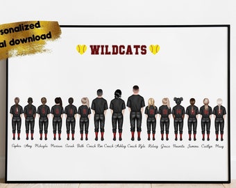 May include: A personalized digital download of a softball team portrait. The team is wearing black uniforms with red numbers and is standing in a line. The team name "WILDCATS" is written in red with a yellow softball on each side. The names of the players and coaches are listed below the team.