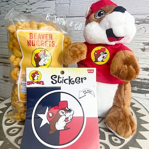 Ultimate Bucees Texan Gift Set, Bucee Beaver Nuggets Bundle, Bucee Bumper Sticker and Bucee Stuffed Animal Plushie, Texas Gifts, Bucee