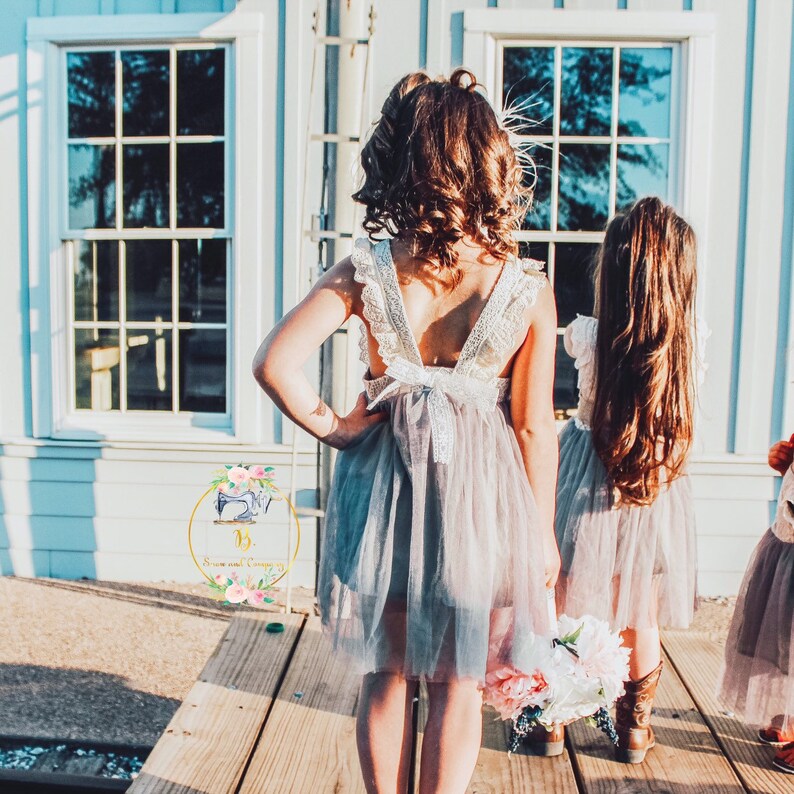 Girls Dress Flower Girl Dress Tulle Rustic Flower Girl Dress Grey Flower Girl Dress Flower Girl Dress Boho Flower Girl Dress Lace