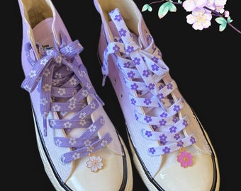 Purple and White Sakura Shoe Laces With Sakura Charms - Set