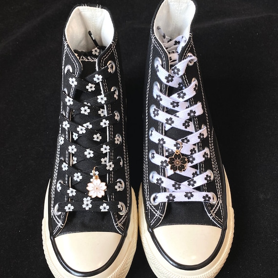 Black and White Sakura Shoe Laces With Sakura Charms