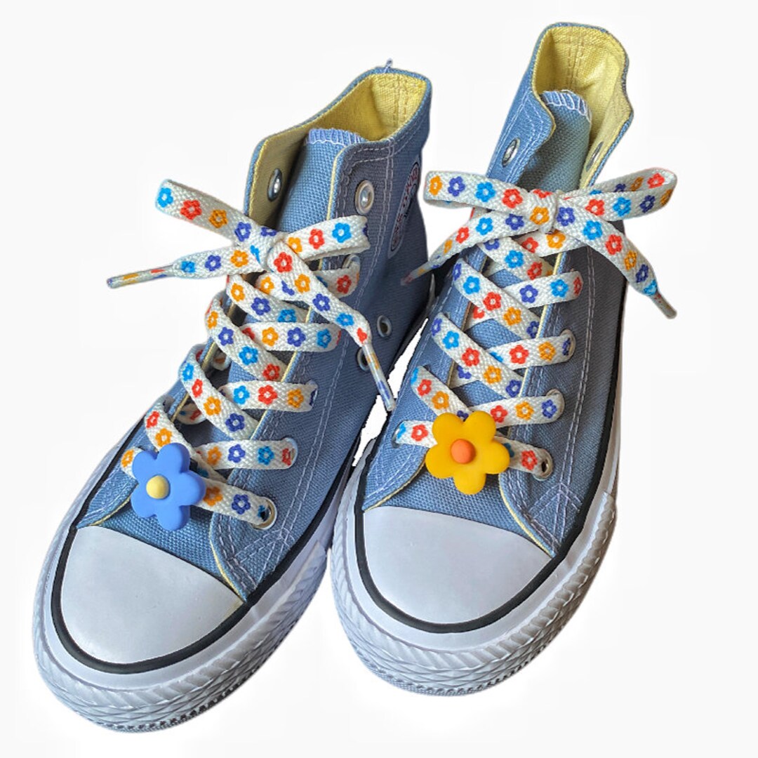 Blue Floral Shoestrings, Sneaker Shoelaces With Flower Charms ONE SET
