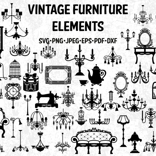 48 Elementos de Muebles Vintage, Muebles Vintage Elementos SVG, Siluetas de Muebles Victorianos, Muebles Victorianos SVG, Muebles Clip Arts