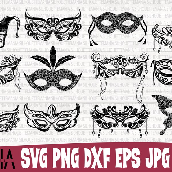 Carnival Masks Bundle, 12 Carnival Masks SVG Cut File, Printable Vector Clip Art, Parade Print for Cutting Machine, Instant Download