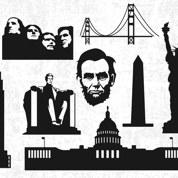 American Monuments Silhouette Clip Arts SVG,Patriotic Silhouettes Cut Files,Abraham Lincoln,Rushmore,Statue Of Liberty Merica SVG Silhouette