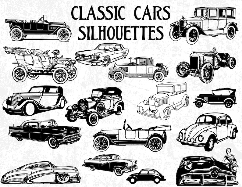 17 Classic Cars Silhouettes, Vintage Cars Silhouettes, Classic Car SVG, Classic Car Clip Art, Printable Cars, Vector File, Quality SVG image 1