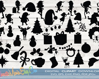 42 Christmas SVG Silhouettes, Christmas Decal, Christmas Cut For Cricut Machine, Santa Elf SVG, Santa Cut FIle