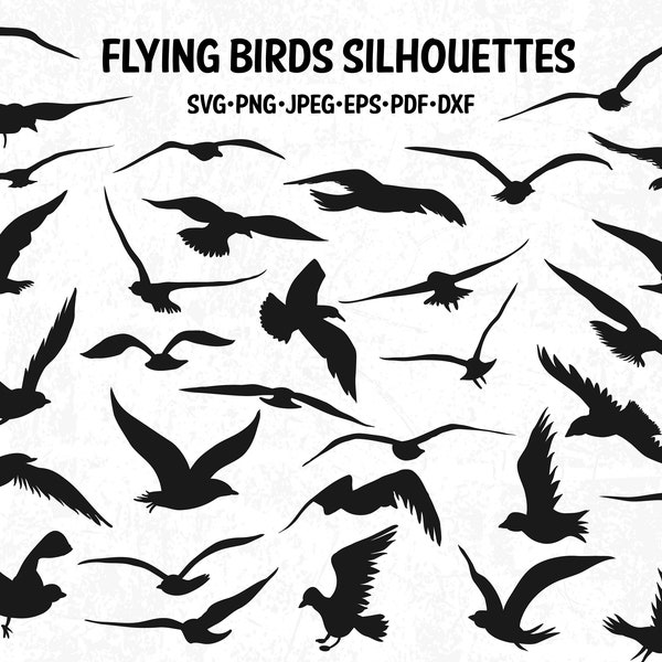 34 Flying Birds Silhouettes, Flying Birds Clip Arts, Flying Birds SVG Cut Files, Flying Birds Printable, Birds Vinyl Design, Decorations