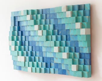 Art mural en bois texturé 3D paramétrique - Sculpture de vagues océaniques turquoise, décoration murale côtière.