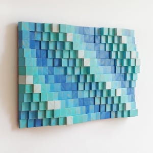 Blue & Green Wood Block Wave Sculpture - 3D Parametric Wall Art