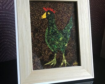 Collage - Paper Mosaic - Framed abstract original artwork - Chicken Verde