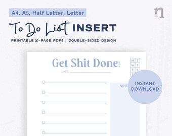 To Do List, Printable Planner Insert, Daily Checklist, A4, A5, Letter, Half Letter
