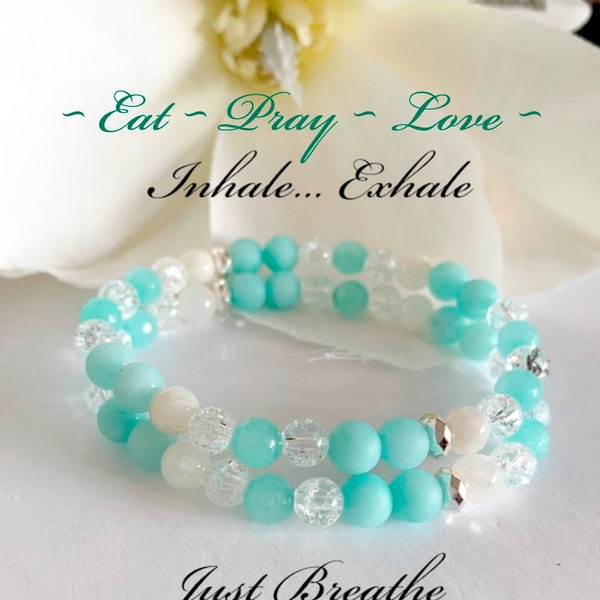 Women's beaded bracelet, Positive Energy Crystals, Eat Pray Love, Inner Peace - Just Breathe