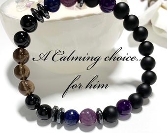 Men’s Calming Energy Bracelet – Lepidolite, Amethyst, Onyx & Tourmaline