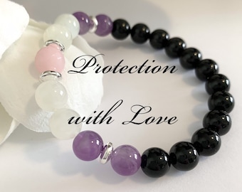 Empath Healing Black Tourmaline bead Bracelet, Amethyst, Rose Quartz, Spiritual and Inspirational Bracelet, Wellness Gift