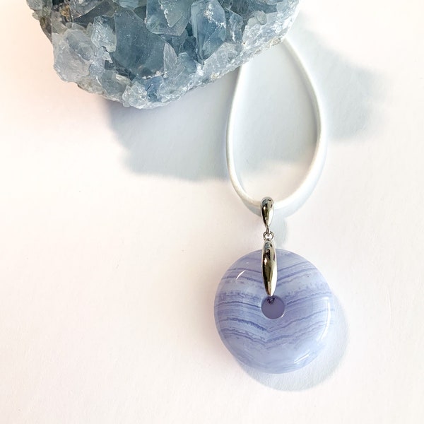 Blue lace Agate donut pendant, gemstone necklace, Calming Soothing Energy Crystal