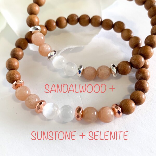 Selenite Sunstone Sandalwood Beaded Bracelet, Stress Relief, Best Calming gifts for her - Eat Pray Love