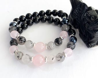 Black Tourmaline Rose Quartz Bracelet,  Natural Crystal Protection Jewelry -  Loving Shield Crystal Bracelet