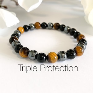 Obsidian, Tiger’s Eye & Hematite beaded bracelet • Triple Protection Classic