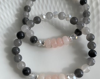 Cloud Quartz Pink Jade Beaded Crystal Bracelet, Inner Peace Grounding Gemstone Bracelet, Calming Gifts for Her