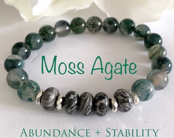 Moss Agate Gemstone Bracelet, Moss Agate Beaded Bracelet, Stress Relief Bracelet, Yoga Gifts, Boho Bracelet
