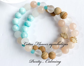 Women's beaded bracelet, Gemstone bracelet, Calming, Inner Peace, Tranquility, Trending now, Lotus Flower charm