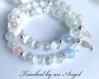 Rainbow Selenite Beaded Bracelet, Sterling Silver Angel Wing Charm, Touched by an Angel