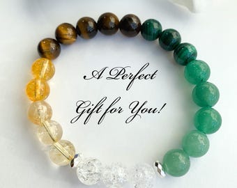 Money Prosperity & Abundance Crystal Beaded Bracelet, Citrine, Green Aventurine - Wealth, Money, Success Jewelry Gift