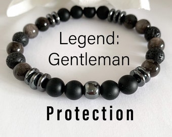 Black Onyx Silver Obsidian gemstone stretch bracelet, gift for boyfriend, Energy Healing Protection bracelet